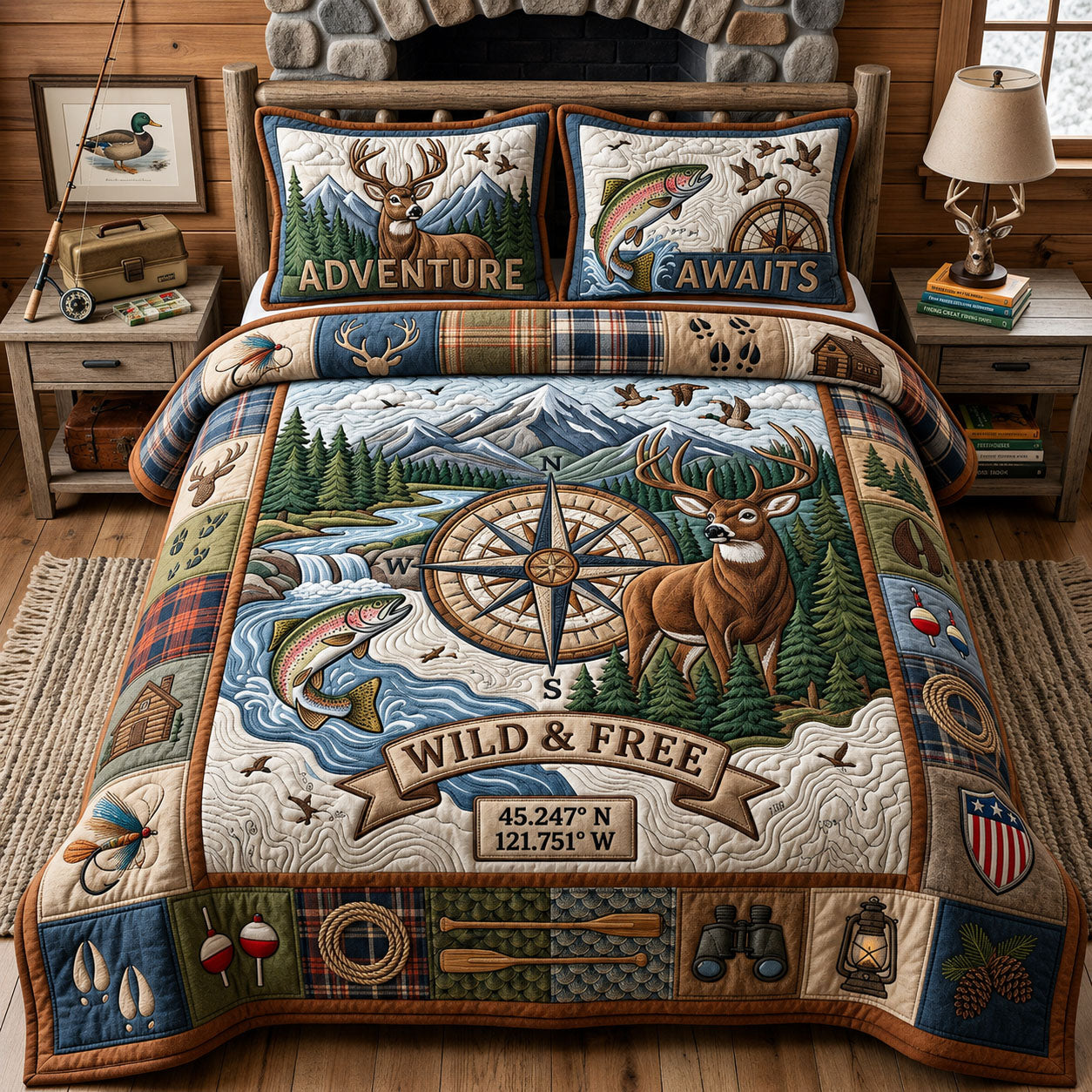 Hunting And Fishing 3-Piece Quilted Bedding Set GFTOPND1528