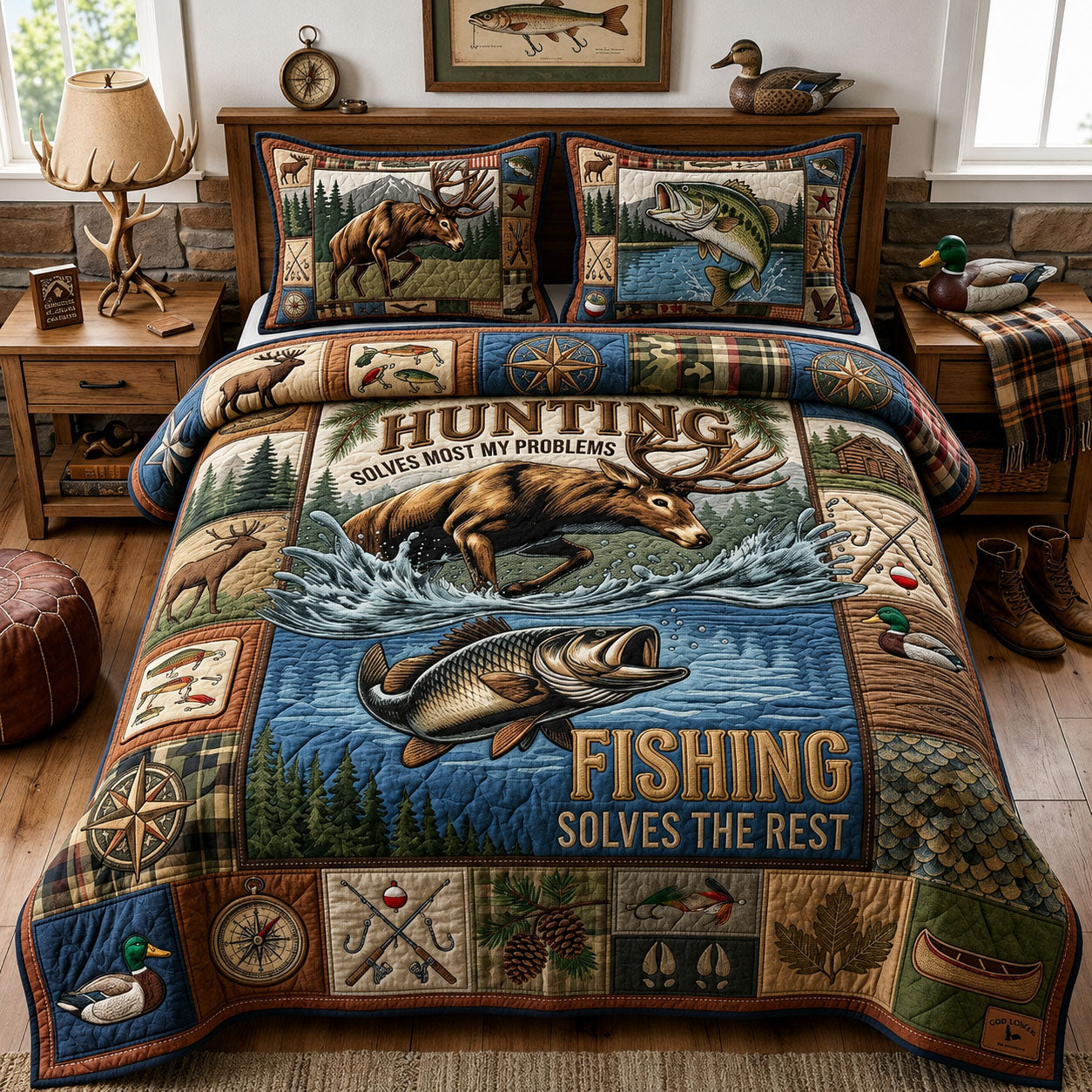 Hunting And Fishing 3-Piece Quilted Bedding Set GFTOPND1529