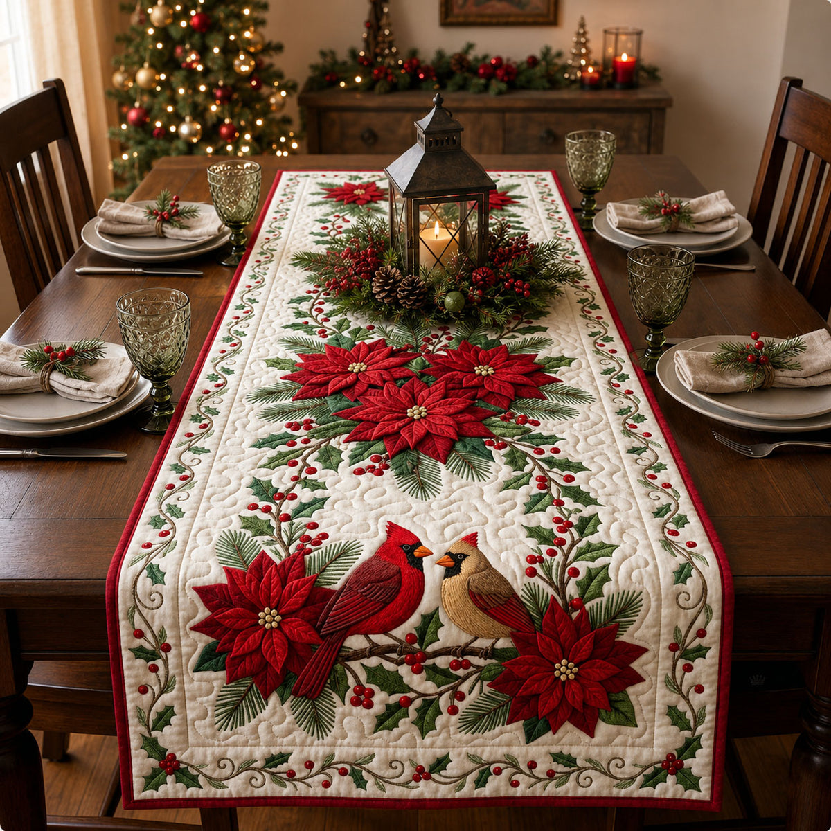 Red Cardinal Poinsettia Quilted Table Runner GFTOPND1552