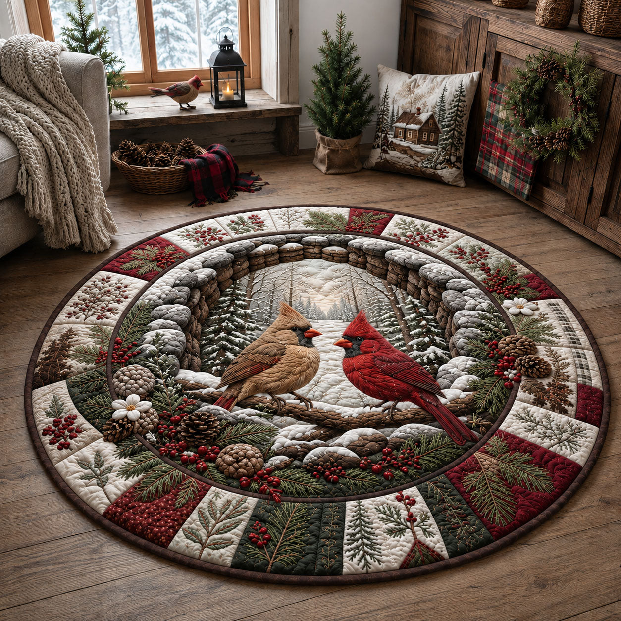 Winter Cardinal Love Quilted Round Mat GFTOPND1586