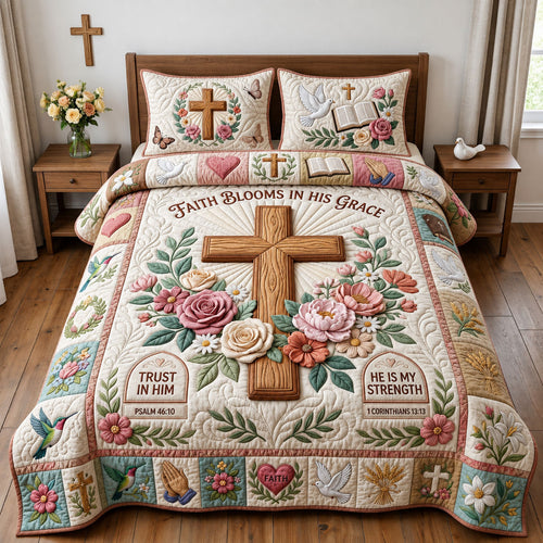 Faith Blooms In His Grace 3-Piece Quilted Bedding Set GFTOPND1612