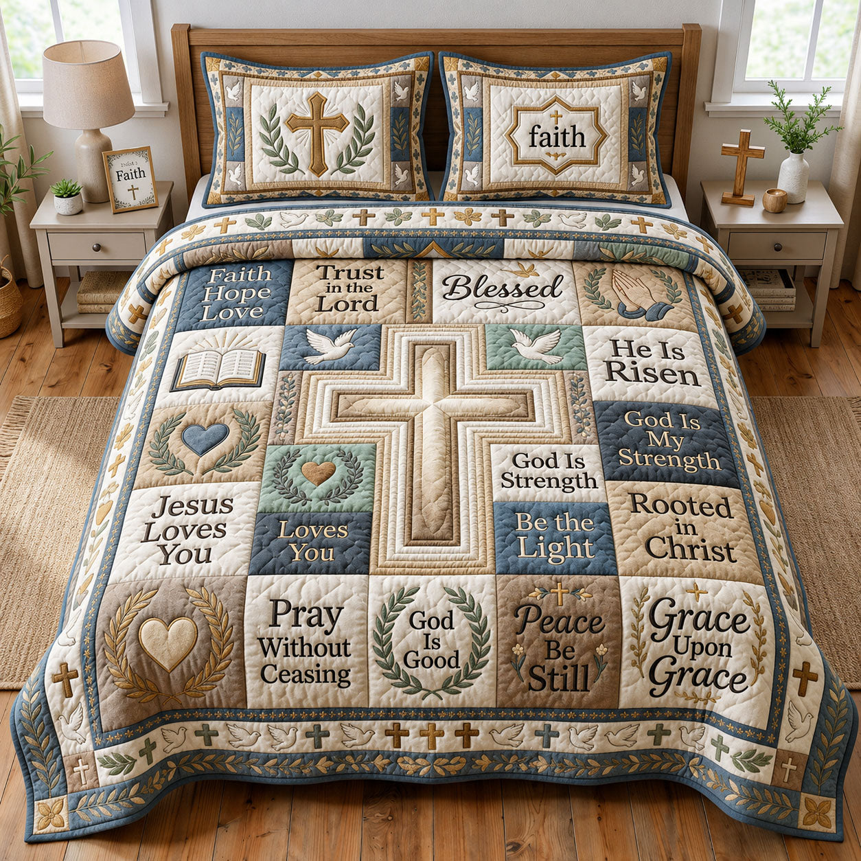 Christian Cross 3-Piece Quilted Bedding Set GFTOPND1614