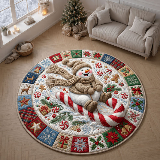 Snowman Riding Candy Cane Quilted Round Mat GFTOPND1657