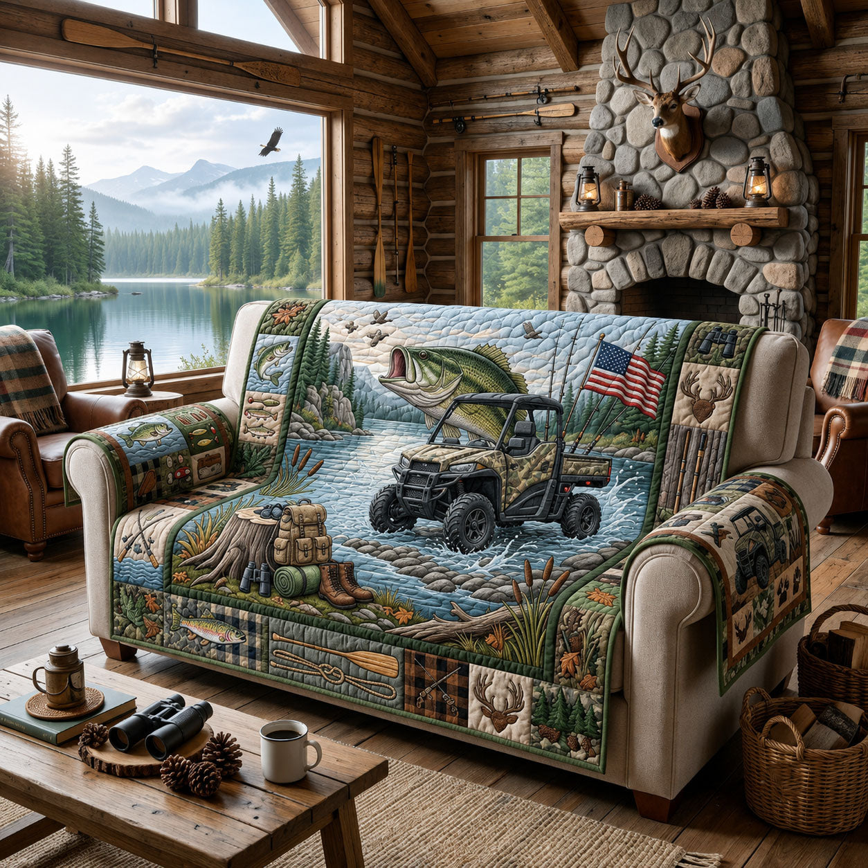 Hunting Fishing Quilted Sofa Cover GFTOPND1673
