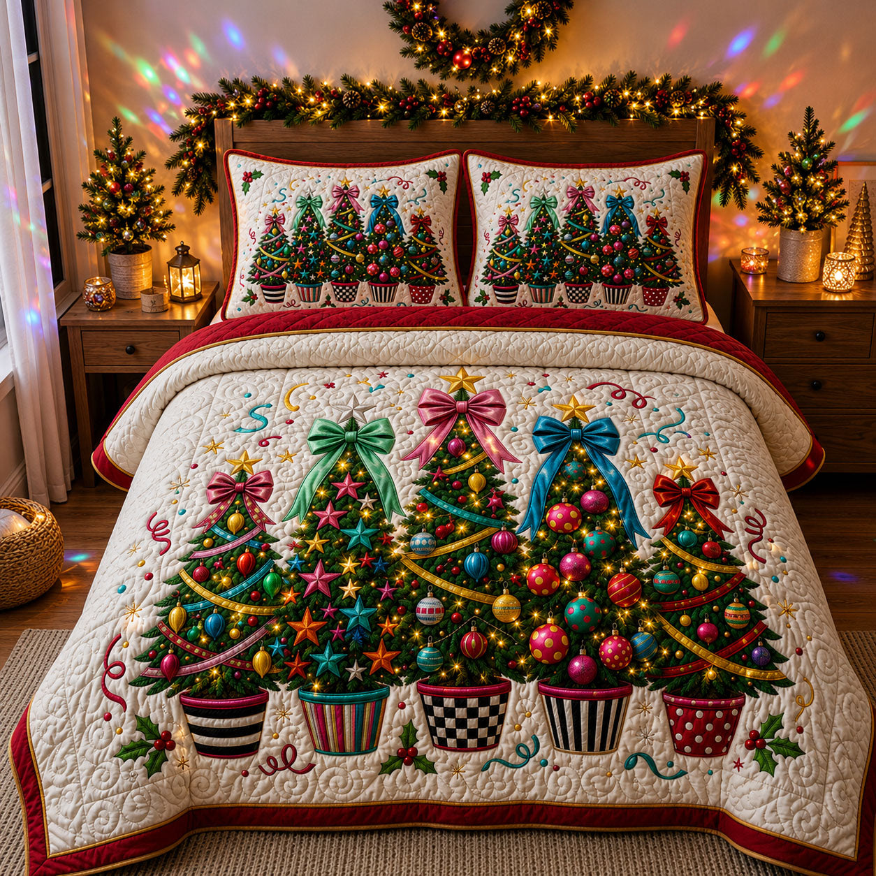 Disco Christmas Trees 3-Piece Quilted Bedding Set GFTOPND1704