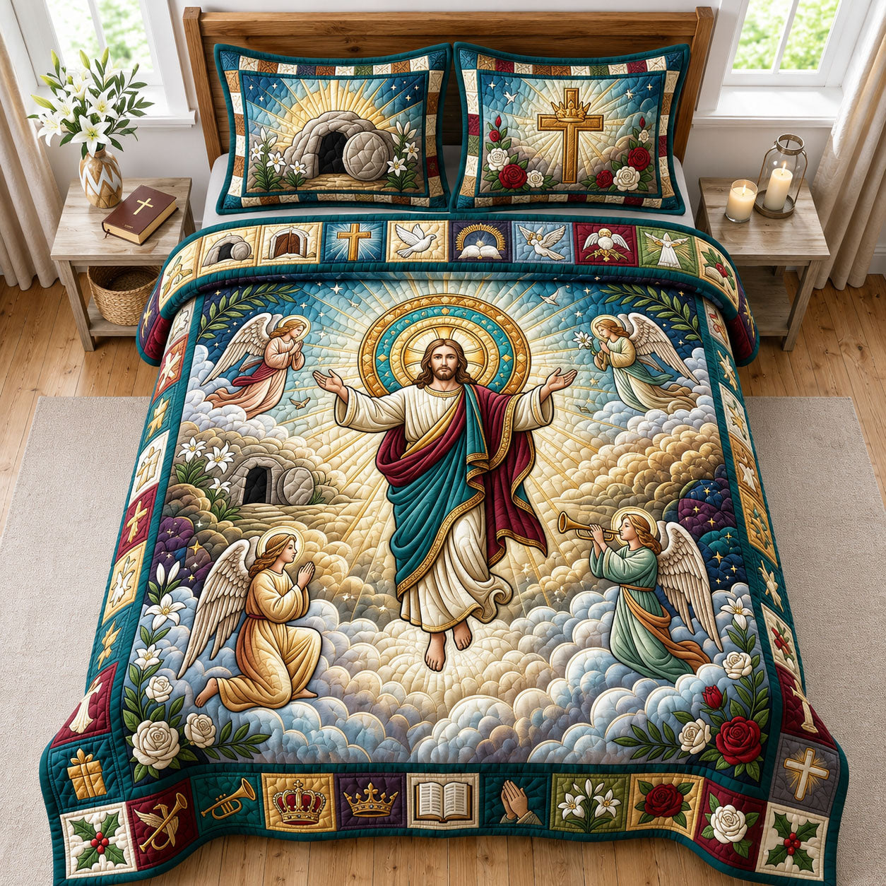 Jesus With Angels 3-Piece Quilted Bedding Set GFTOPND1746