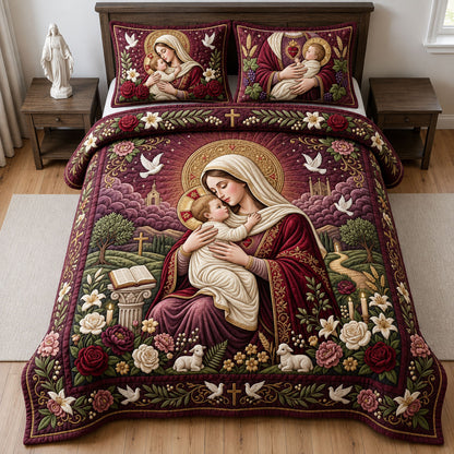 Virgin Mary and Child 3-Piece Quilted Bedding Set GFTOPND1801