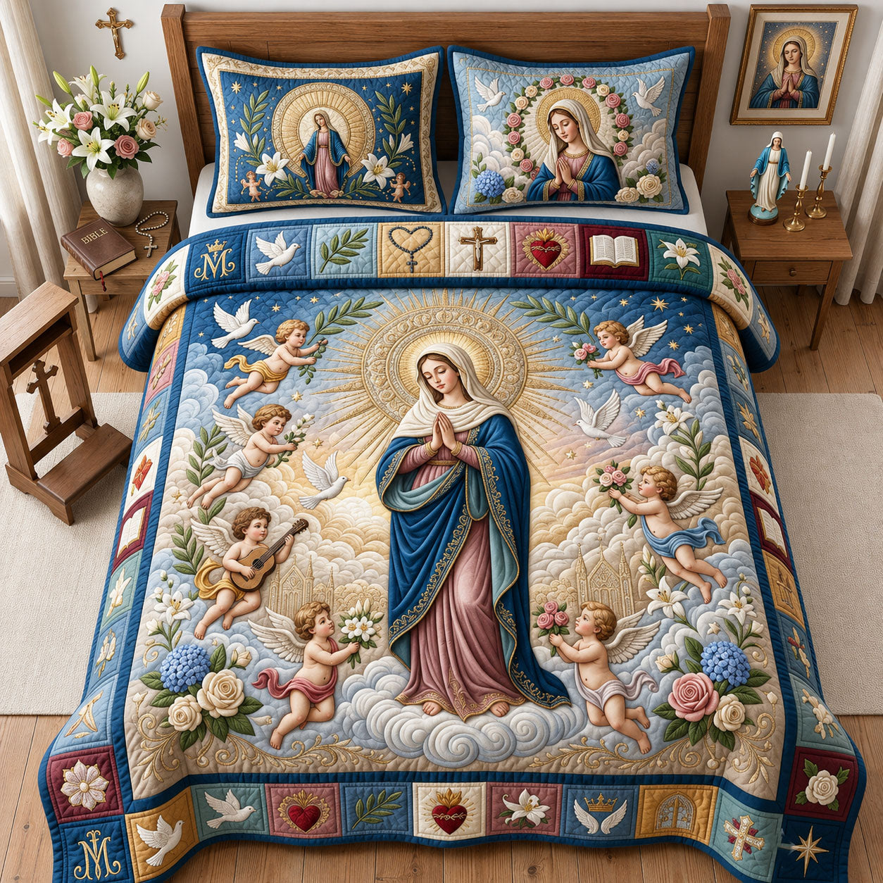 Virgin Mary With Cherubs 3-Piece Quilted Bedding Set GFTOPND1804