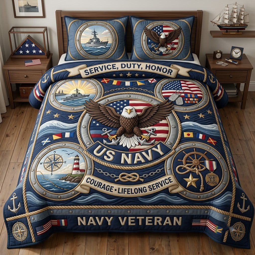 Proud Navy Veteran 3-Piece Quilted Bedding Set GFTOPND1814