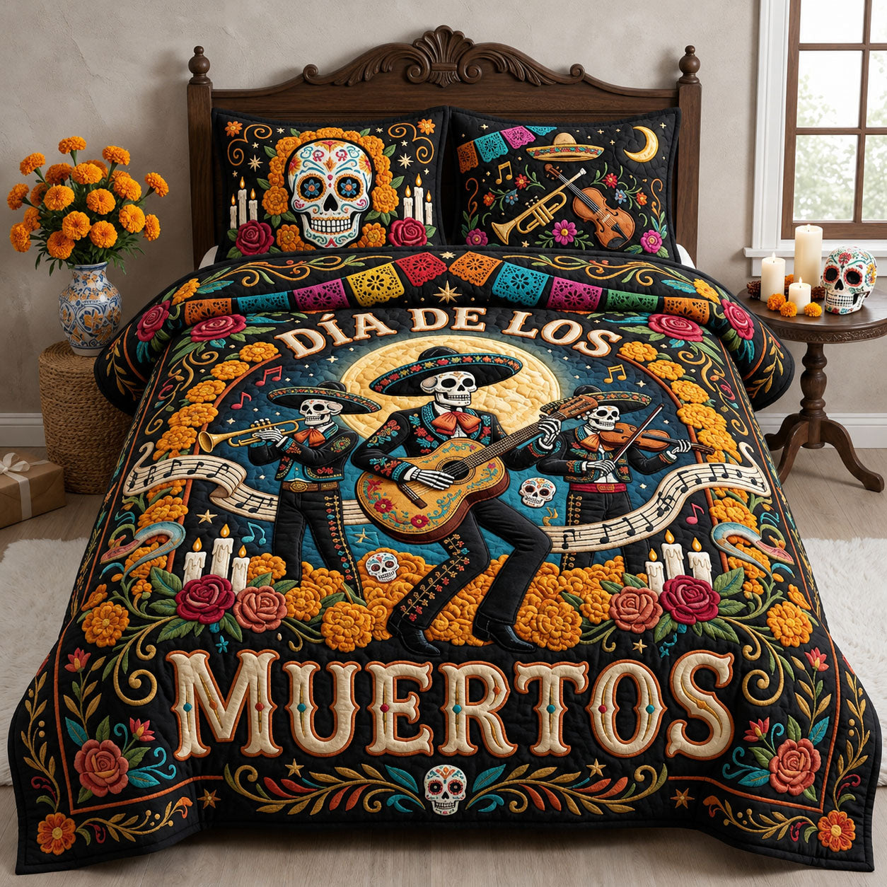 Dia De Los Muertos 3-Piece Quilted Bedding Set GFTOPND1854
