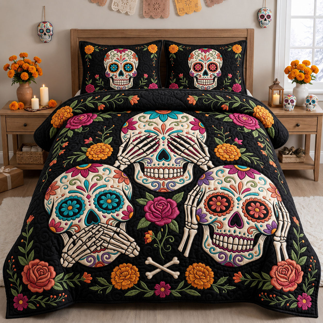 Sugar Skull 3-Piece Quilted Bedding Set GFTOPND1855