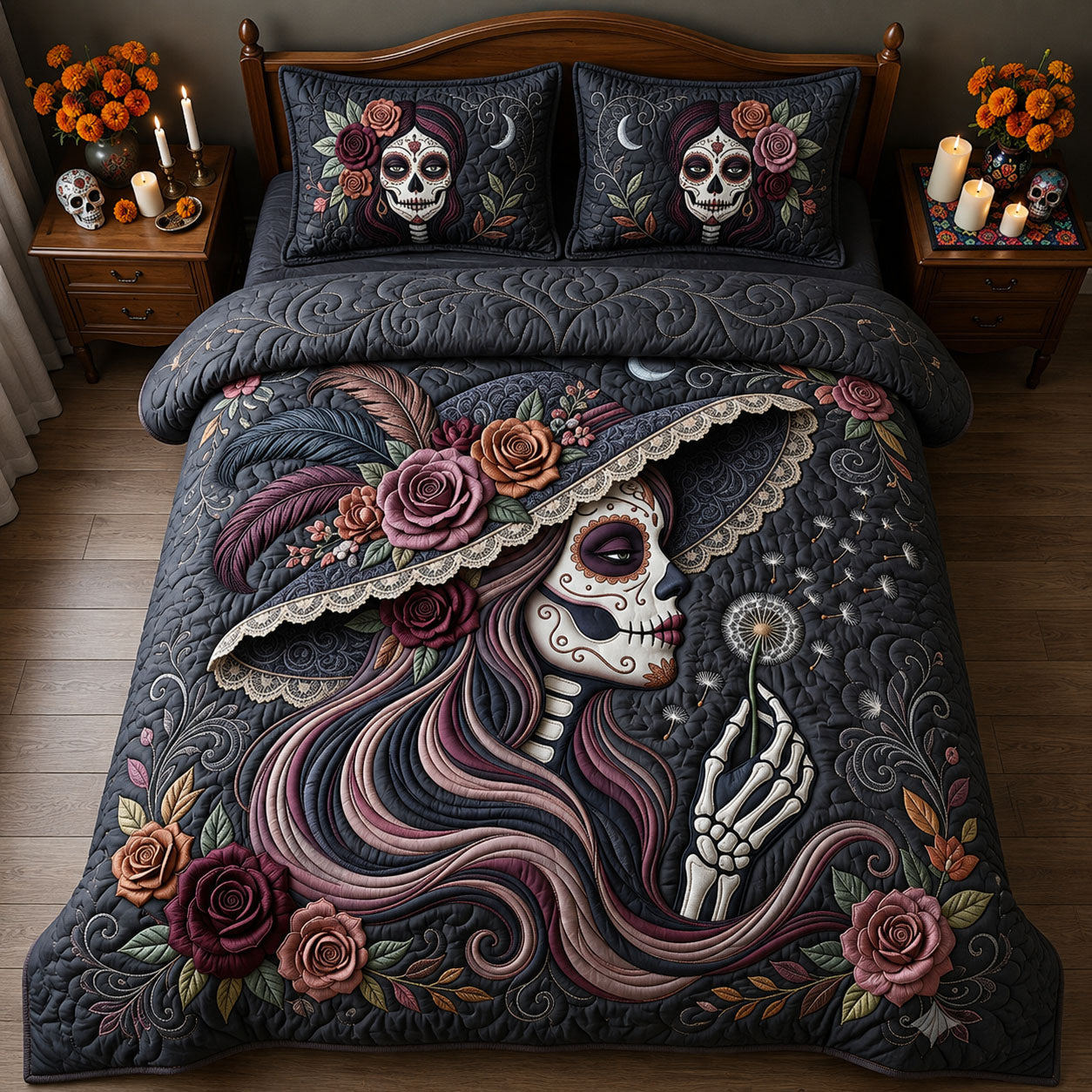 La Catrina Blowing Wishes Dandelion 3-Piece Quilted Bedding Set GFTOPND1857