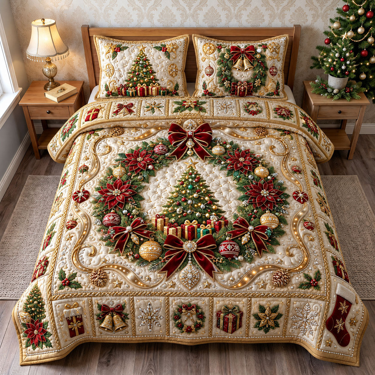 Jeweled Glam Wreath 3-Piece Quilted Bedding Set GFTOPND1895