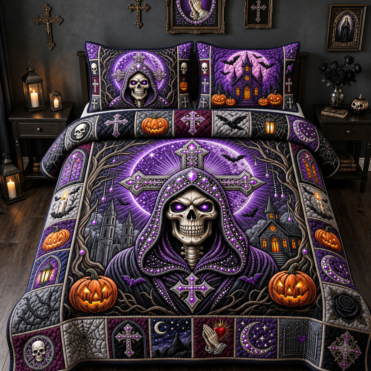 Purple Jeweled Skull 3-Piece Quilted Bedding Set GFTOPND1898