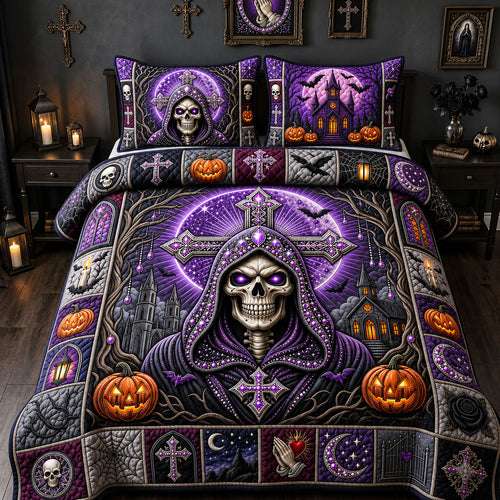 Purple Jeweled Skull 3-Piece Quilted Bedding Set GFTOPND1898
