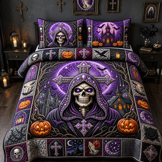 Purple Jeweled Skull 3-Piece Quilted Bedding Set GFTOPND1898