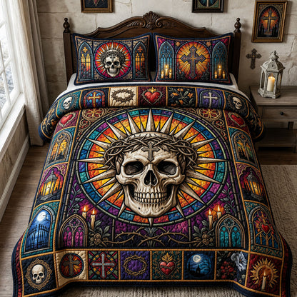 Crowned Skull Stained Glass 3-Piece Quilted Bedding Set GFTOPND1899