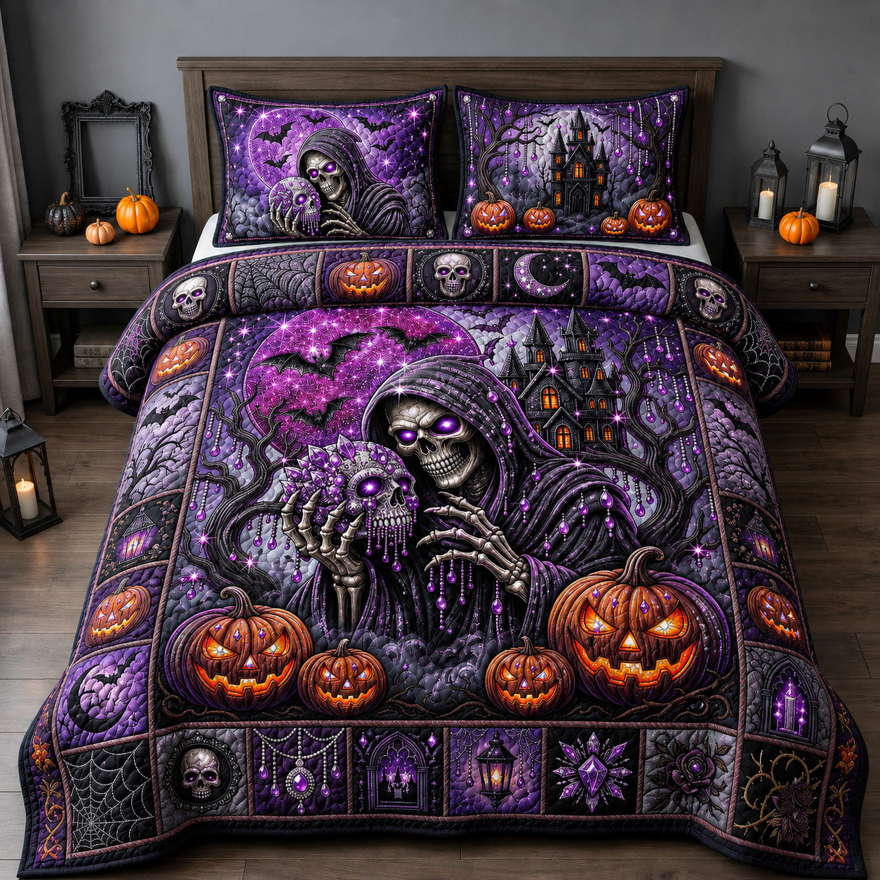 Purple Jeweled Skull 3-Piece Quilted Bedding Set GFTOPND1900