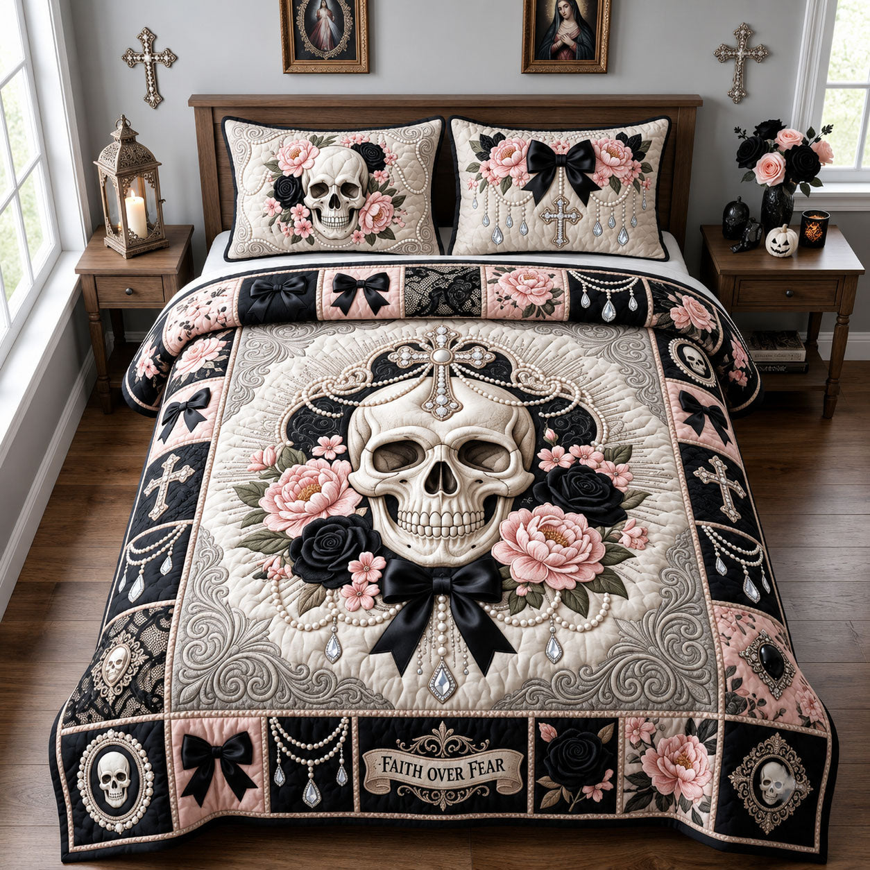 Gothic Pearl Skull 3-Piece Quilted Bedding Set GFTOPND1901