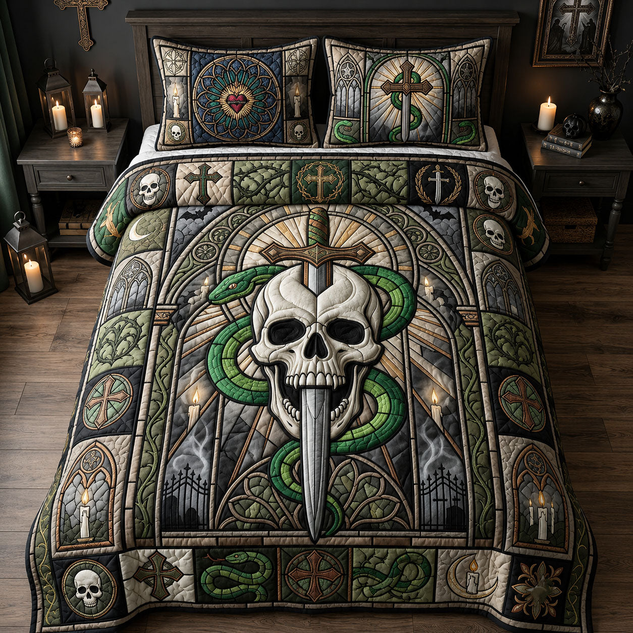 Skull Snake Stained Glass 3-Piece Quilted Bedding Set GFTOPND1902