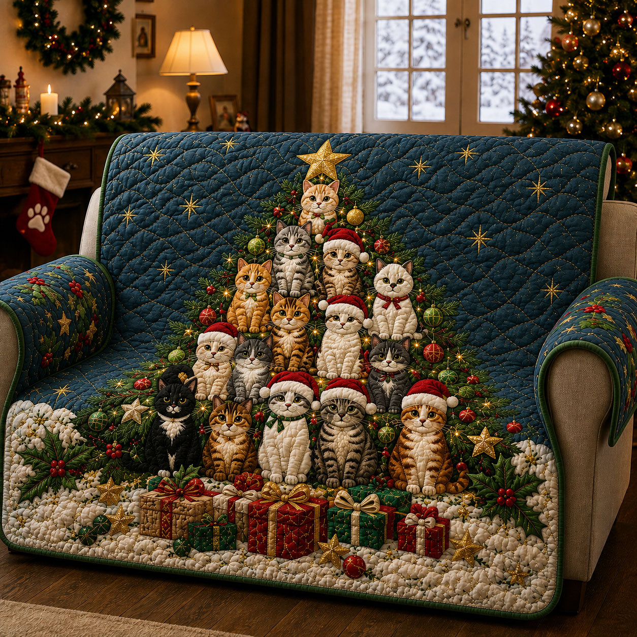 Cat Christmas Tree Quilted Sofa Cover GFTOPND1904