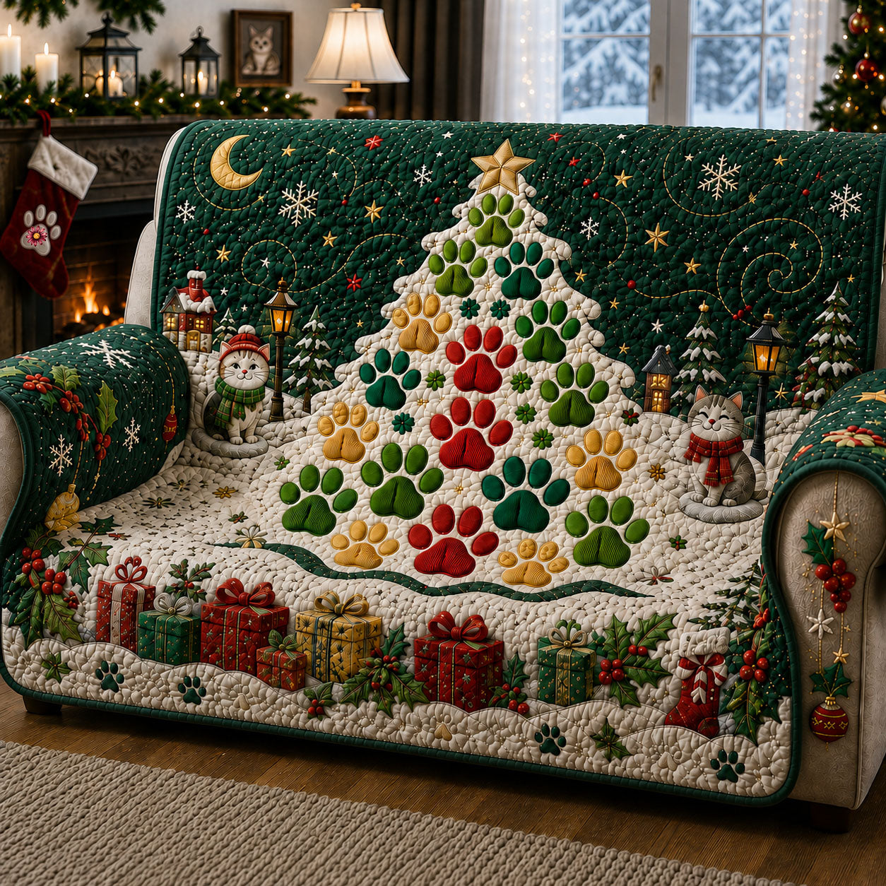 Paw Christmas Tree Quilted Sofa Cover GFTOPND1906
