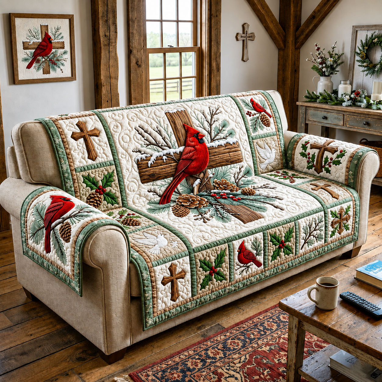 Winter Cardinal Quilted Sofa Cover GFTOPND1994