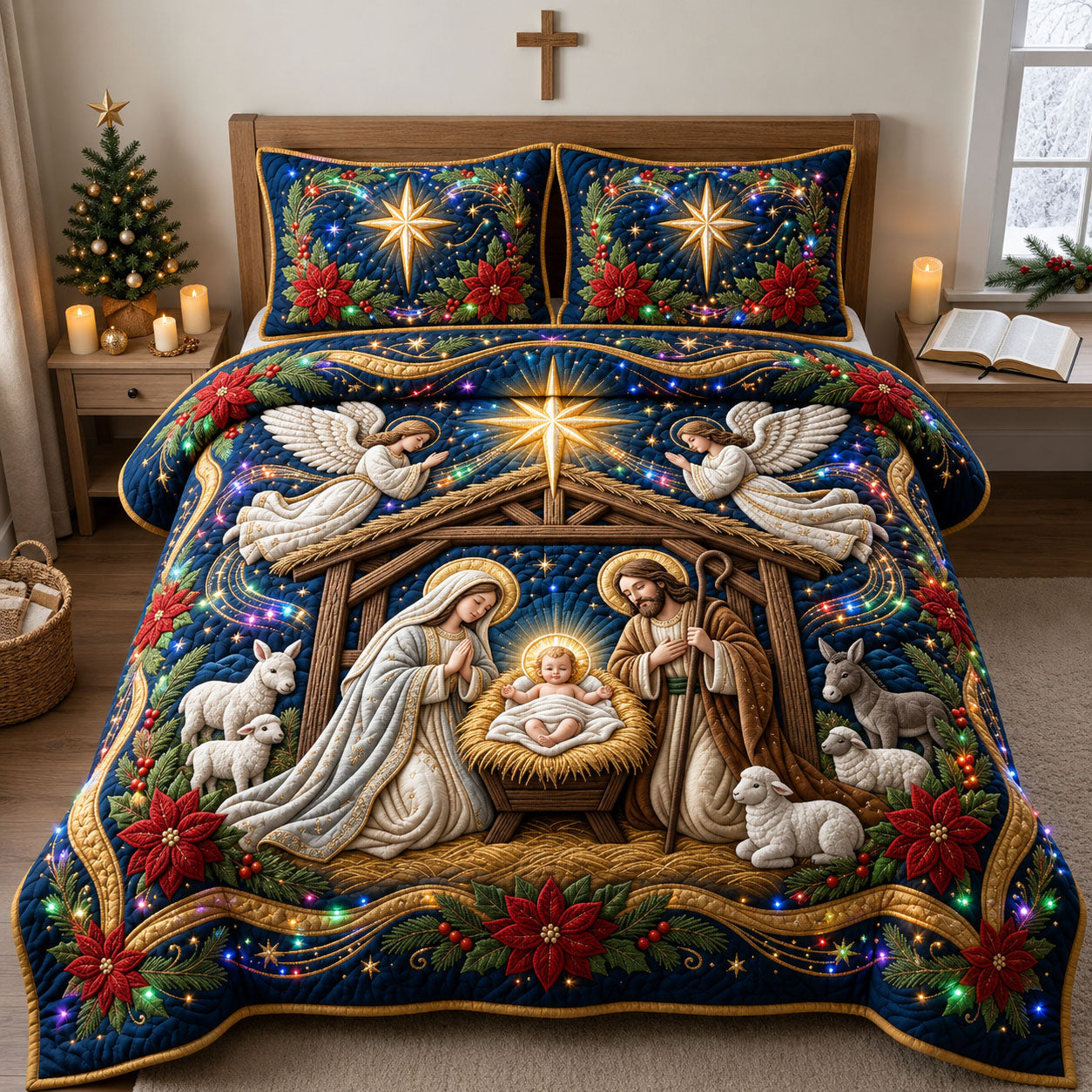 Sparkly Christmas Nativity 3-Piece Quilted Bedding Set GFTOPND2004
