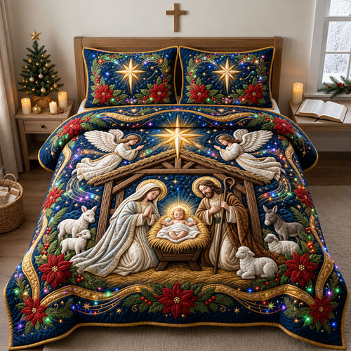 Sparkly Christmas Nativity 3-Piece Quilted Bedding Set GFTOPND2004