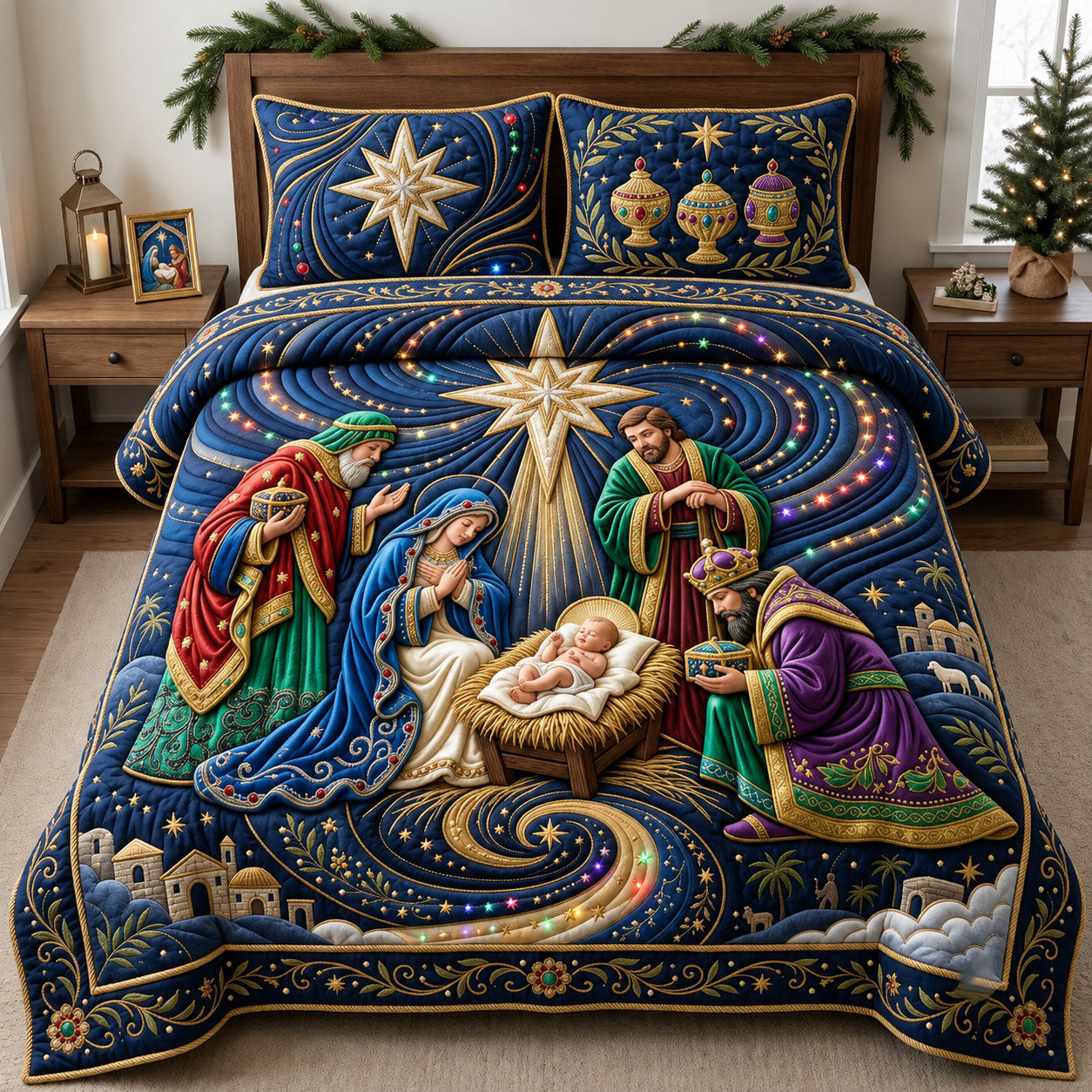 Sparkly Christmas Nativity 3-Piece Quilted Bedding Set GFTOPND2005