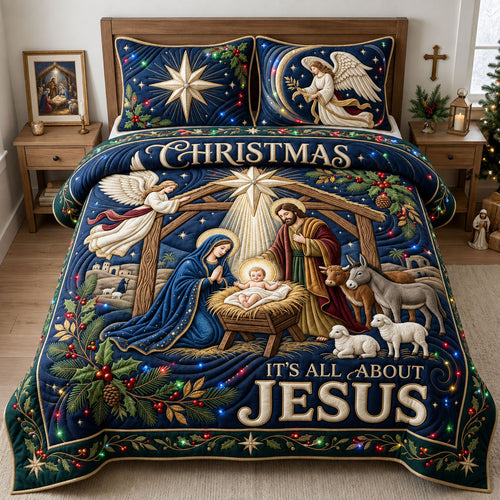 Sparkly Christmas Nativity 3-Piece Quilted Bedding Set GFTOPND2006