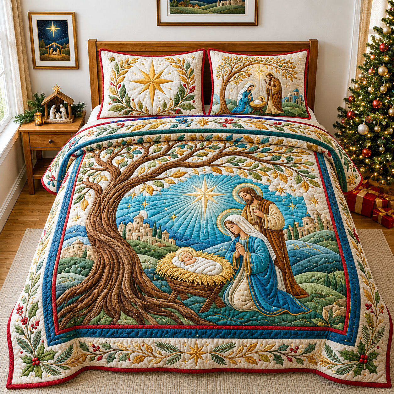 Nativity Scene 3-Piece Quilted Bedding Set GFTOPND2008