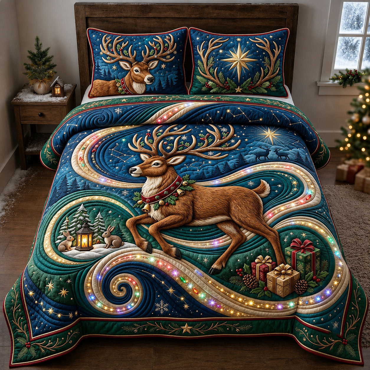 Sparkly Reindeer 3-Piece Quilted Bedding Set GFTOPND2010