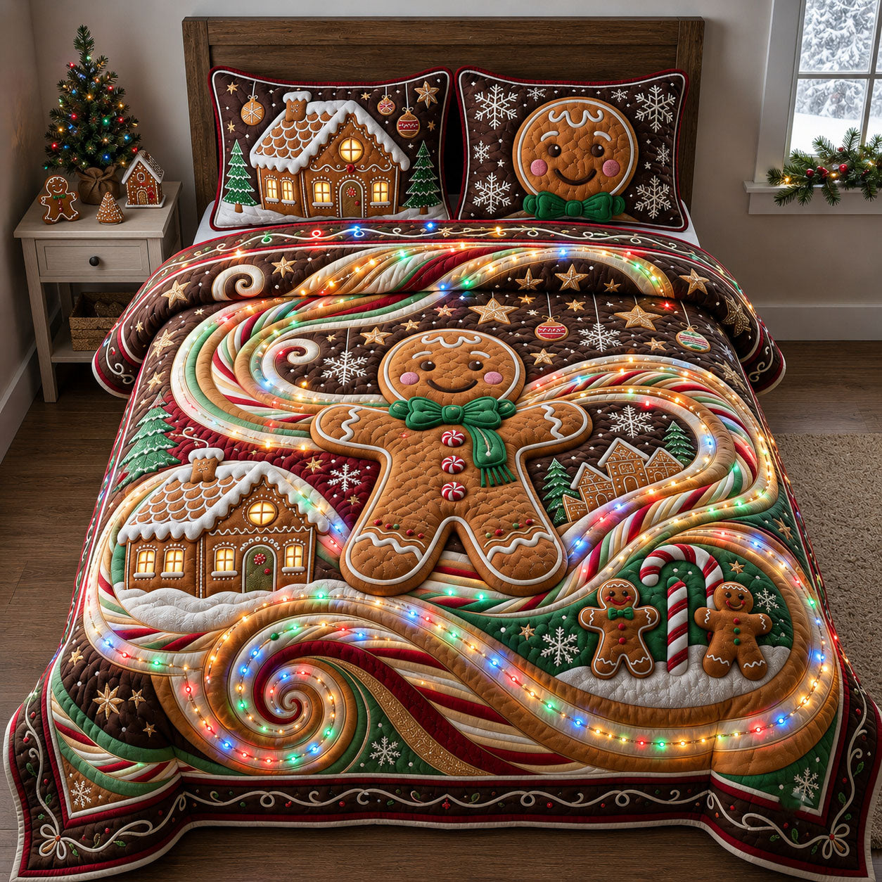 Sparkly Gingerbread 3-Piece Quilted Bedding Set GFTOPND2011