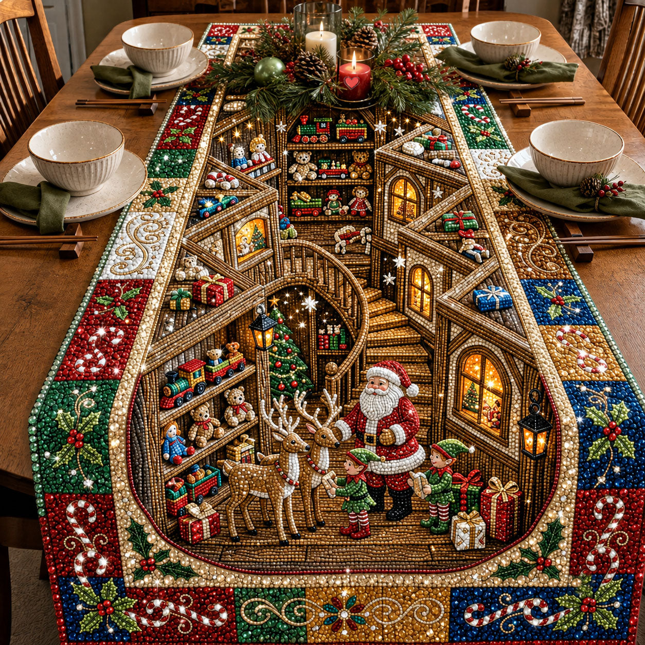 Beaded Santa Workshop Quilted Table Runner GFTOPND2063