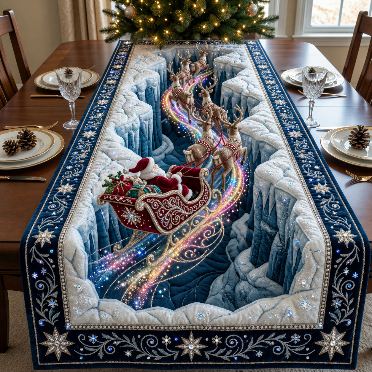 Beaded Santa Sleigh Quilted Table Runner GFTOPND2064