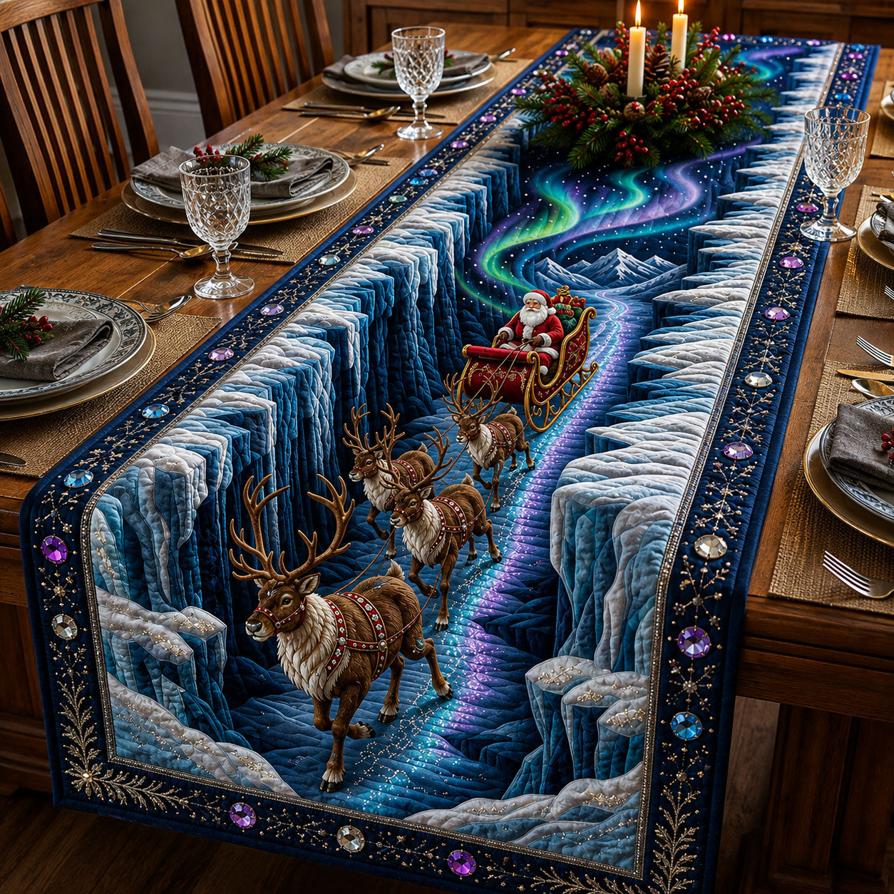 Beaded Santa Sleigh Quilted Table Runner GFTOPND2066