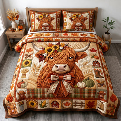 Fall Highland Cow 3-Piece Quilted Bedding Set GFTOPND2082