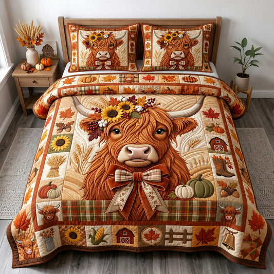 Fall Highland Cow 3-Piece Quilted Bedding Set GFTOPND2082