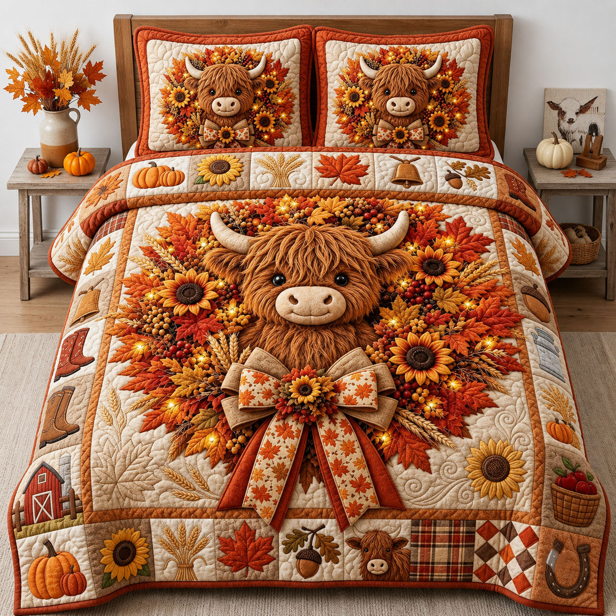 Highland Cow Fall Wreath 3-Piece Quilted Bedding Set GFTOPND2083
