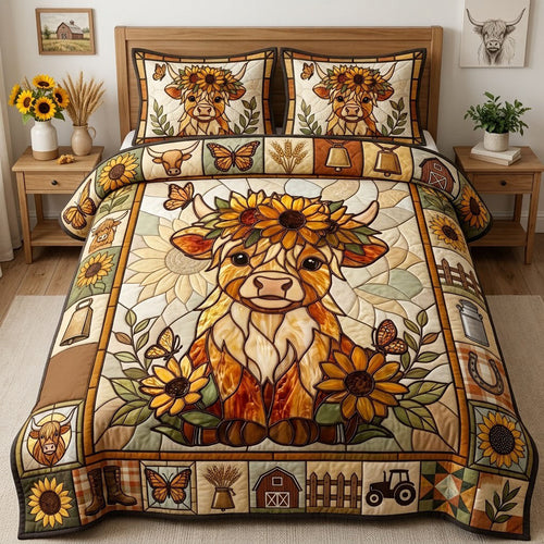 Glass Sunflower Highland Cow 3-Piece Quilted Bedding Set GFTOPND2084
