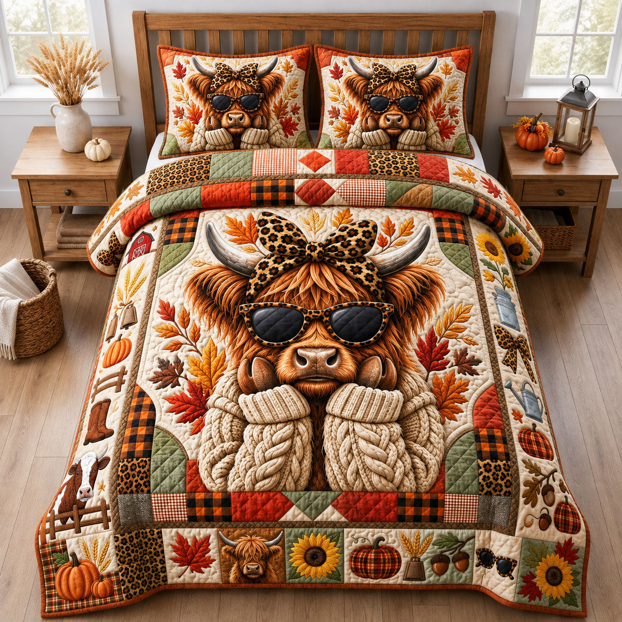 Fall Highland Cow 3-Piece Quilted Bedding Set GFTOPND2087