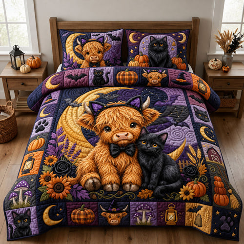 Highland Cow With Black Cat 3-Piece Quilted Bedding Set GFTOPND2089