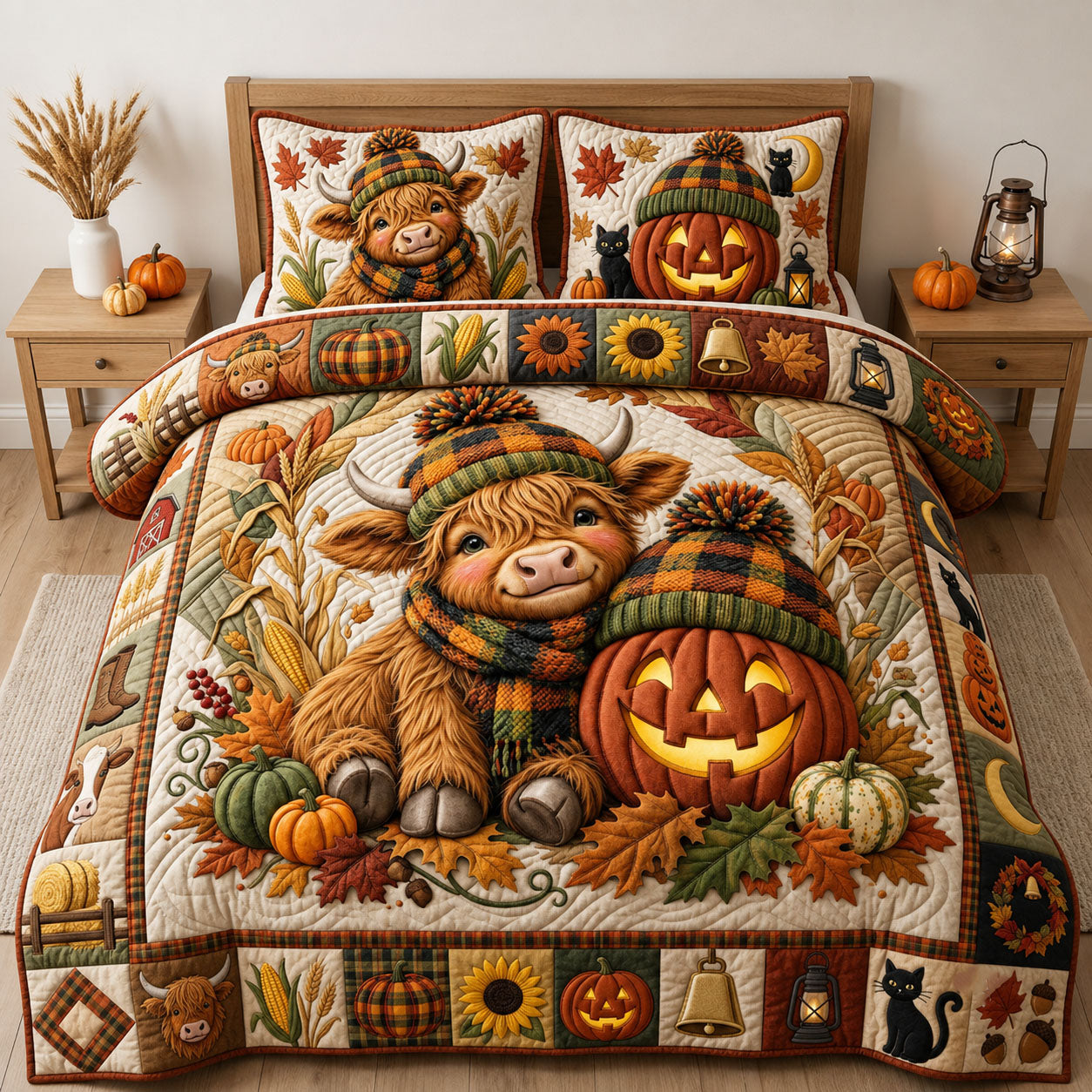 Highland Cow With Pumpkin 3-Piece Quilted Bedding Set GFTOPND2091