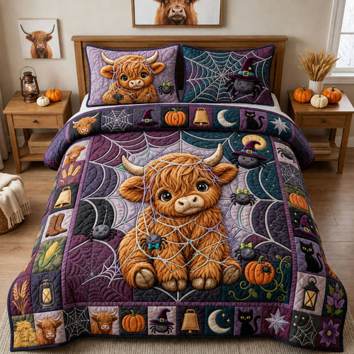 Highland Cow With Spider 3-Piece Quilted Bedding Set GFTOPND2092