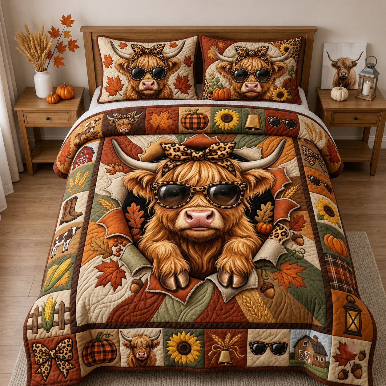 Leopard Highland Cow 3-Piece Quilted Bedding Set GFTOPND2093