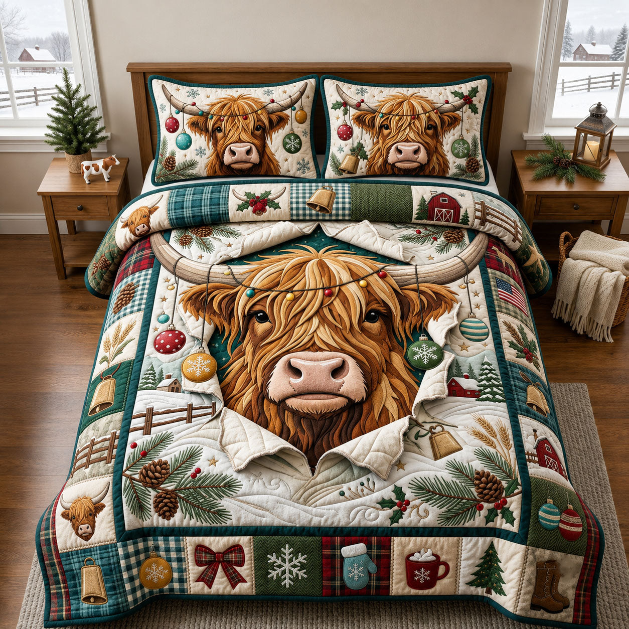 Winter Highland Cow 3-Piece Quilted Bedding Set GFTOPND2094