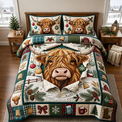 Winter Highland Cow 3-Piece Quilted Bedding Set GFTOPND2094