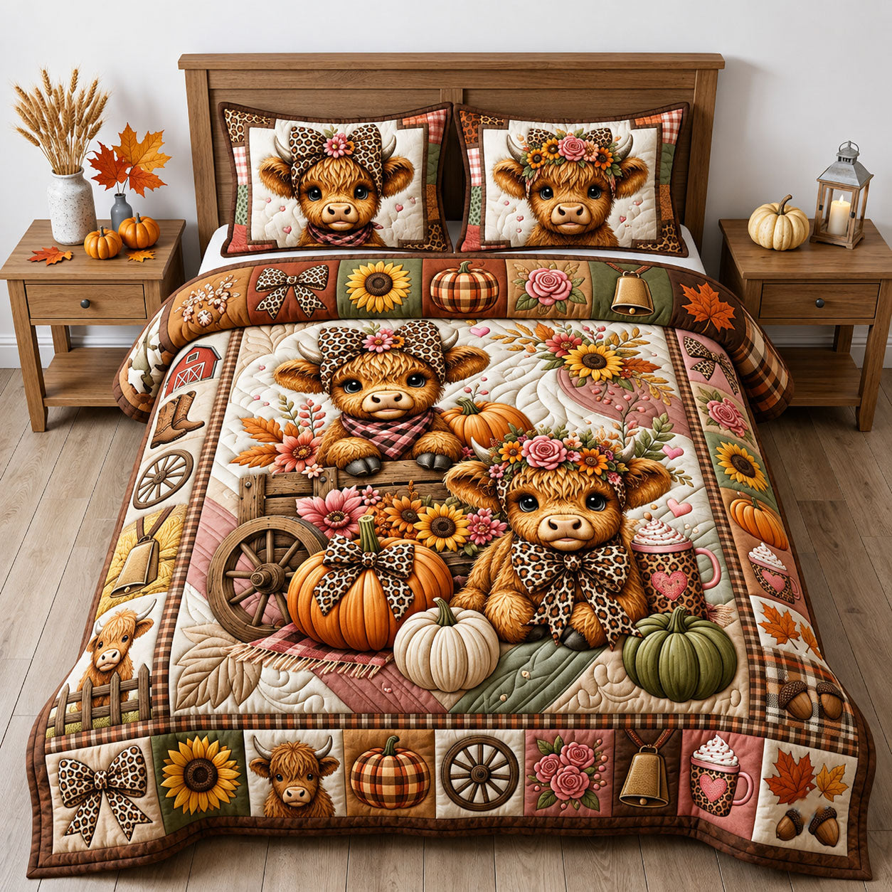 Fall Highland Cow 3-Piece Quilted Bedding Set GFTOPND2095