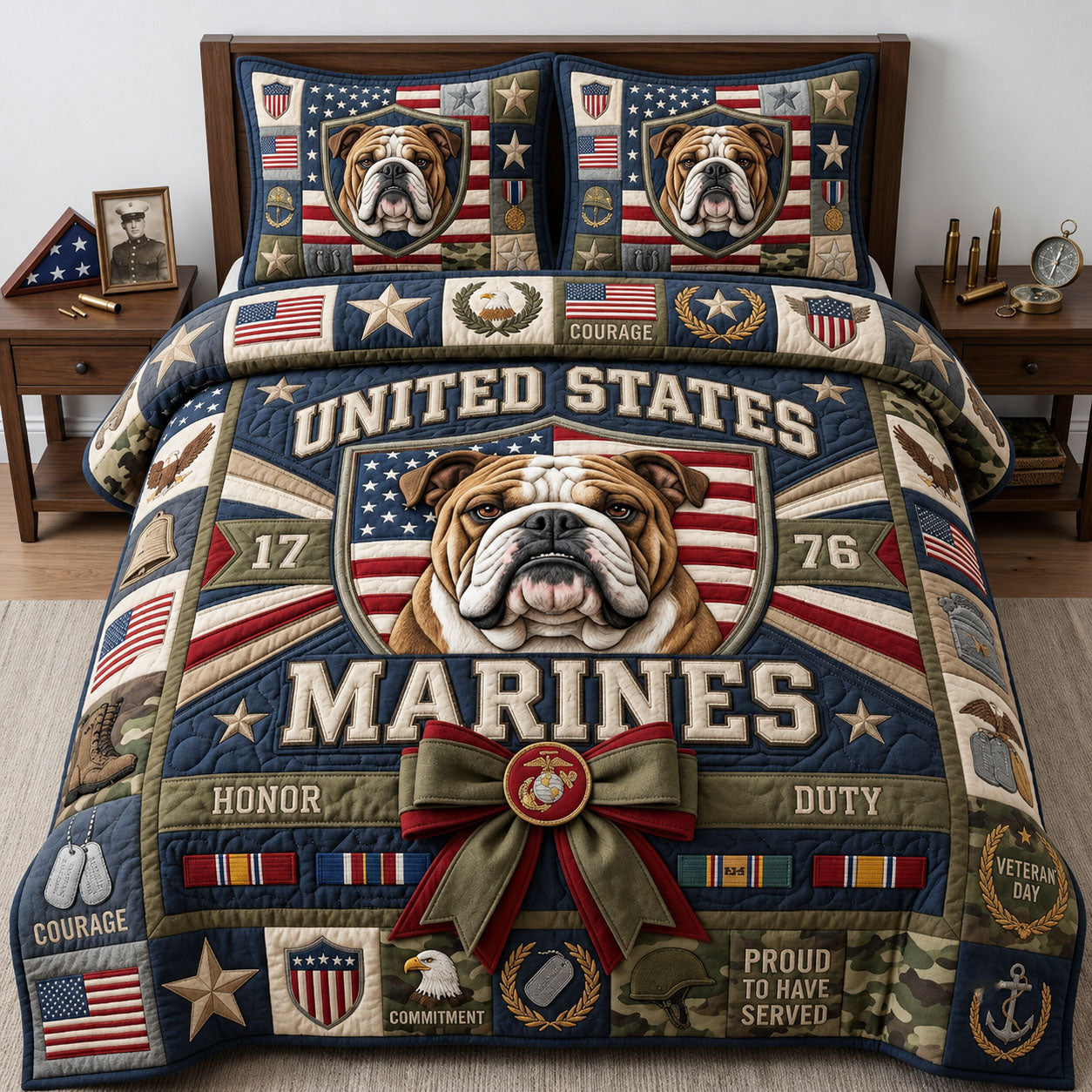 US Marine Corps Bulldog 3-Piece Quilted Bedding Set GFTOPND2121